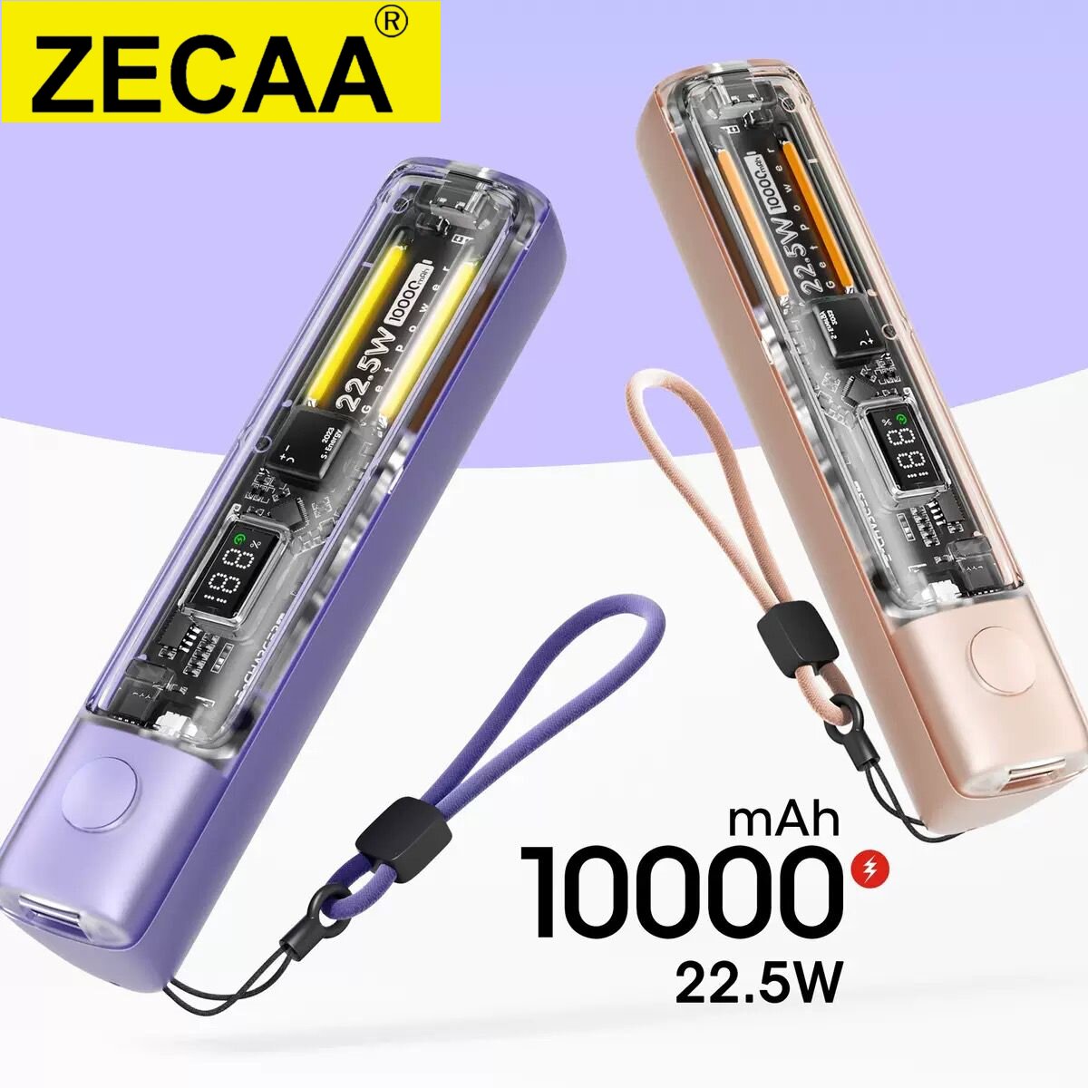 ZECAA Transaparent Fast Charging 22.5W Digital Wireless Power Bank Charger 10000mAh With Charging Cable