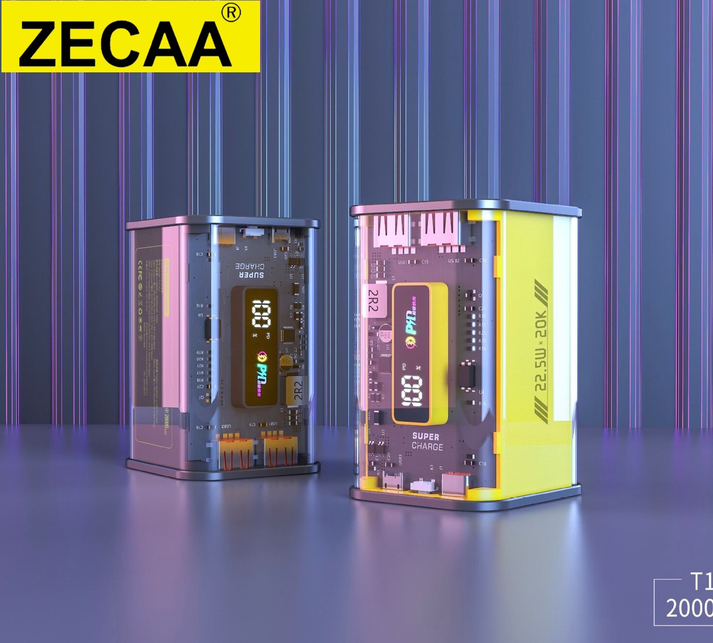 ZECAA Transparent Fast Charging 22.5W PD20W Pank Power Bank Charger 20000mAh