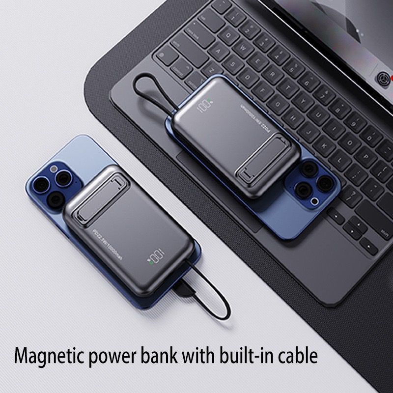 ZECAA Ultra Thin Fast Charging 22.5W PD20W Wireless Power Bank 10000mAh With Phone Holder and Build in Charging Cable 